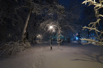Beautiful snowy winter in Kiev, Ukraine, a lot of snow on the evening streets, 2018