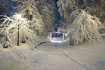 Beautiful snowy winter in Kiev, Ukraine, a lot of snow in the evening streets