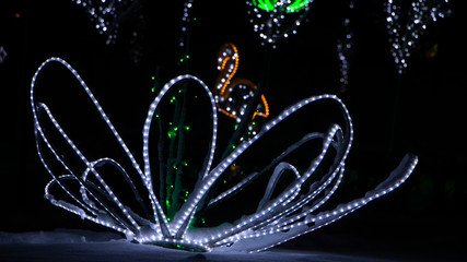 Neon lights in a winter public park. In the form of various animals.