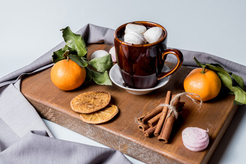 cup of hot chocolate with marshmallows, cinnamon, tangerine fruit, orange candied fruits.