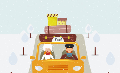 Naklejka premium A taxi driver in a uniform cap driving a yellow taxi and a beautiful young woman passenger in a white fur hat and fur coat.Close-up front view.Snow falls.Snow-covered trees.Vector flat illustration