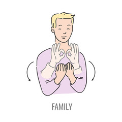 Vector blonde man showing family deaf-mute sign language symbol. Smiling sketch male character and hand communication sign by his hand. Different social communication, basic word
