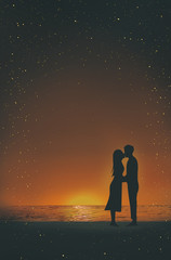 Romantic illustration of the couple at the beach by the sunset, poster or book cover design