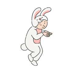 Vector illustration of cute kid in carnival costume of bunny isolated on white background - hand drawn smiling cheerful child in fancy dress of rabbit for holiday concept.
