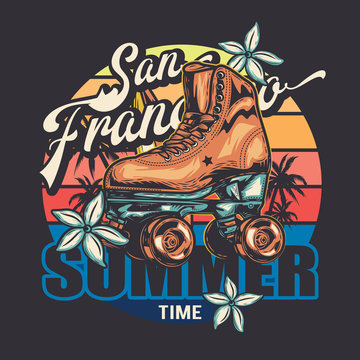 Vector image. Roller skates in retro style. Sunset, flowers, palm trees, colored background