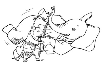 Animals are practicing, defending skills in uniform. Black line art isolated on white background. Suitable for oriental martial arts such as aikido, judo, karate, jiu-jitsu, budo