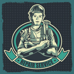 Vector emblem. Plumber with tools in hand. Image in retro style.