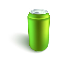 Blank aluminum soda or beer can mockup in realistic 3d style - isolated vector illustration of side view on empty green tin for alcohol or fizzy sweet drink branding and advertising.