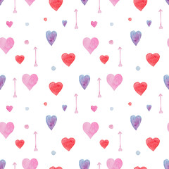 Fototapeta na wymiar Tender seamless watercolor pattern with red, blue and pink hearts and arrows. Beautiful lovely background for Valentine's day wallpaper, textile, wrapping paper, cards design