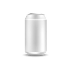 Blank aluminum can mockup for soda or beer in realistic 3d style - isolated vector illustration of side view on empty white metallic pack for alcohol or fizzy sweet drink branding and promotion.