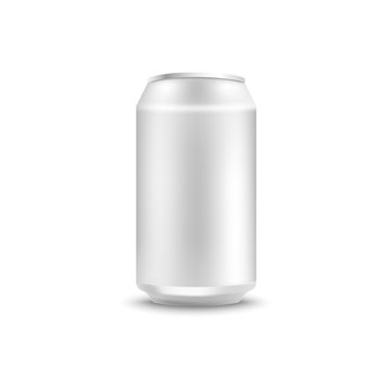 Blank aluminum can mockup for soda or beer in realistic 3d style - isolated vector illustration of side view on empty white metallic pack for alcohol or fizzy sweet drink branding and promotion.