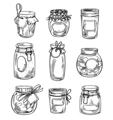 Set od hand drawn mason jars with jam, vector illustration - obrazy, fototapety, plakaty