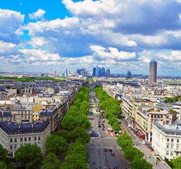 Aerial view of La Defense and a cloudy sky.  Cityscape of Paris, France