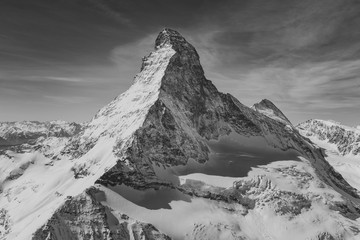 Aerial view of majestic Matterhorn mountain in black and white - obrazy, fototapety, plakaty