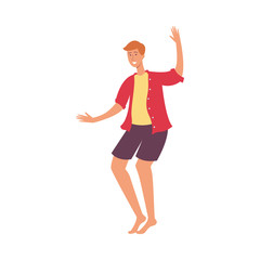 vector cartoon young adult man dancing at beach party in summer clothing, in shorts and shirt with flowers print raising hands up. Isolated illustration on a white background.