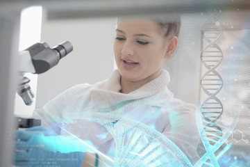 Young female Laboratory scientist working at lab with test tubes and microscope, test or research in clinical laboratory.Science, chemistry, biology, medicine and people concept.