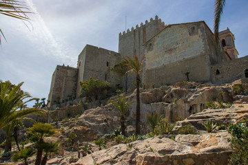 PENISCOLA, SPAIN - APRIL 2018: Exterior view of the castle from the gardens