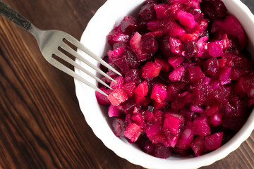 Vinaigrette, russian salad in a bowl. 