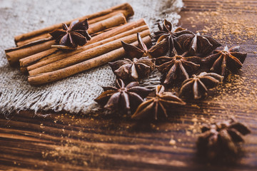 Star anise and cinnamon. Selective focus.