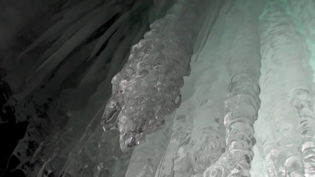 Close-up pure transparent in ice cave of natural glacier on Lake Baikal in Siberia.