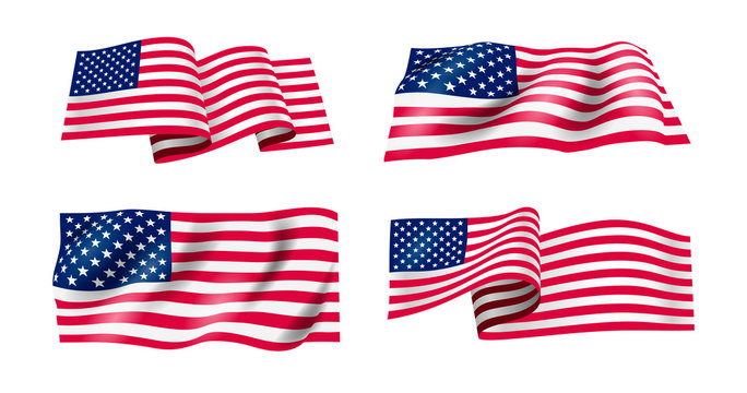 Set of waving flag of the United States of America. Wavy American Flag for Independence Day. Vector illustration. Isolated on white background.