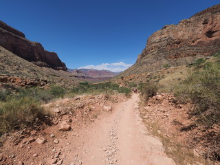 View from the Bright Angel Trail descending toward Indian Garden Gampground in Grand Canyon National Park, Arizona.