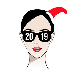 Beautiful woman face in sunglasses with 2019 text and new year's Santa Claus red hat. Vector illustration for postcard or poster, print for clothes. New Year's and Christmas