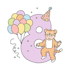 Vector funny kid in tiger fancy costume near eight 8 holiday number in party hat, balloons and confetti. Children education, symbol for birthday party celebration design decoration