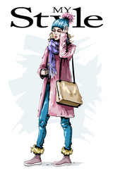 Hand drawn beautiful young woman with bag. Stylish female winter look. Fashion woman outfit. Sketch.