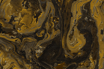 Luxury gold marble ink paper texture on dark watercolor background. Chaotic abstract organic design. Bath bomb waves.