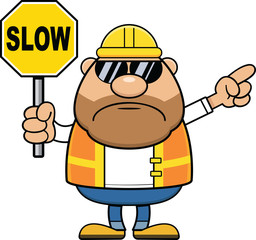 Cartoon Construction Worker Slow Sign