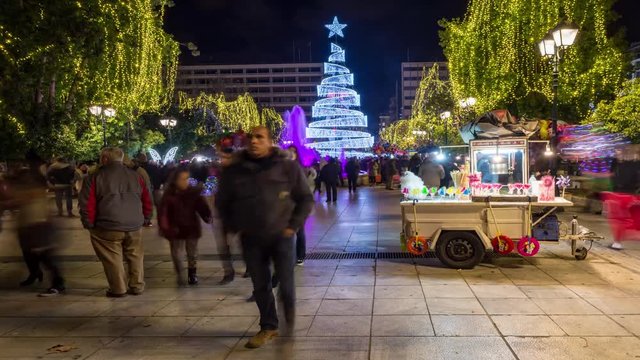 Syntagma square time lapse at night with Christmas tree