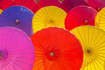 Beautiful multicolor fabric umbrella in Northern Thailand.