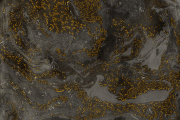 Luxury gold marble ink paper texture on dark watercolor background. Chaotic abstract organic design. Bath bomb waves.