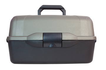 Drab colored fishing tackle box. Isolated.