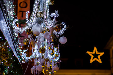 Christmas street decoration of Strasbourg, highlighted buildings and new year atmosphere