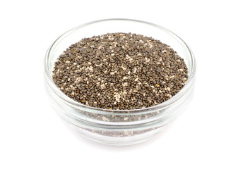 Chia Seed in a Glass Container (Salvia Hispanica) Isolated on White Background.