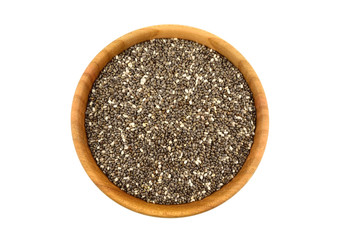 Chia Seed in Wooden Bowl (Salvia Hispanica) Isolated on White Background.