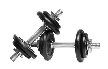 Fototapeta premium Professional dumbbells on white background. Sporting equipment