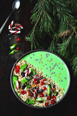 Bright elegant New Year's breakfast bowl. Vegan bowl for breakfast at Christmas or New Year.