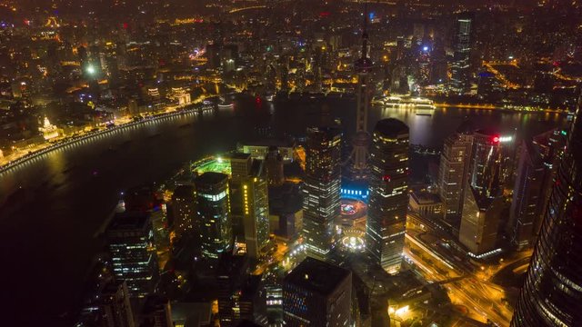 China Shanghai Aerial v40 Hyperlapse birdseye night view of Huangpu riverfront flying over financial district 10/18