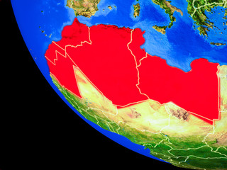 Maghreb region on realistic model of planet Earth with country borders and very detailed planet surface.