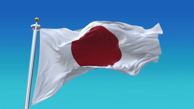 4k Seamless japan flag with flagpole waving in wind,fully digital rendering,The animation loops at 20 seconds,flag 3D animation.