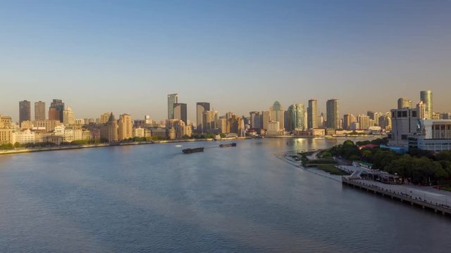 China Shanghai Aerial v42 Hyperlapse flying low over Huangpu river with boats 10/18