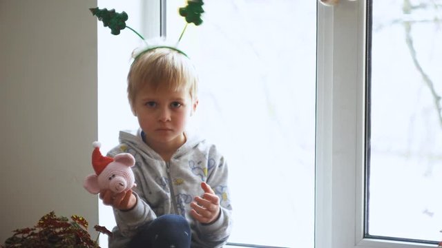 Cute little boy playing with a pig toy at home.Toddler boy play with pig, symbol of the 2019 year. Adorable little boy next to window. Happy child winter mood.
