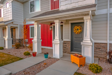 Entry area of colorful townhomes in Utah Valley