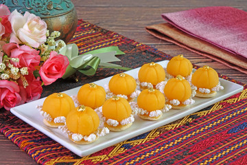 Thai dessert / Royal Thai cuisine : Golden crown cake (Khanom Dara Thong or Thong Eak krajang) , Most famous of nine auspicious desserts in Thai tradition, made from yolk, wheat flour and edible gold