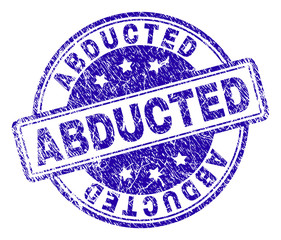 ABDUCTED stamp seal imprint with distress texture. Designed with rounded rectangles and circles. Blue vector rubber print of ABDUCTED text with grunge texture.