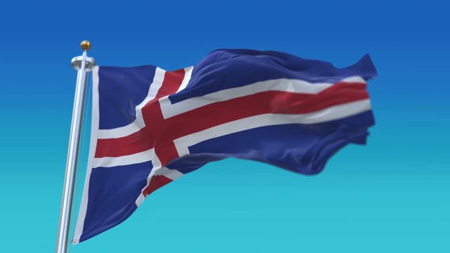 4k iceland flag with flagpole waving in wind,fully digital rendering,Seamless loop with highly detailed fabric texture,The animation loops at 20 seconds,flag 3D animation.