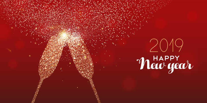 New Year 2019 gold glitter glass toast card